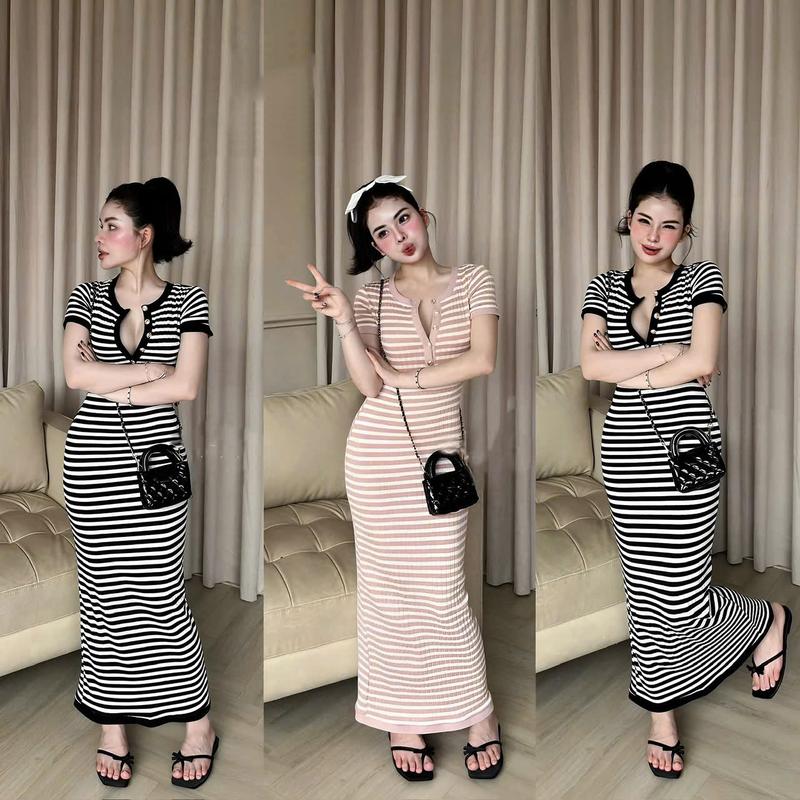  Đầm Ôm Body Thun Gân Sọc Phối Cổ Trụ Nút Cài Form Dài Quyến Rũ Nữ Tính Dịu Dàng Thanh Lịch Sang Trọng Dễ Thương  Phù Hợp Mọi Phong Cách. 