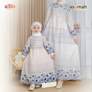 ASYMAH GAMIS ANAK COUPLE IBU RAYA SERIES MOTIF CANTIK BAHAN PREMIUM QUALITY ALIKA SERIES Cream Mauve Oliv Sky Light Size Mom & Kids Raya Series Couple Moms