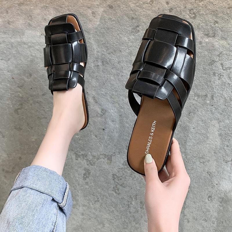 Product Introduction of JINxCHOY SHOES Summer Slip-on Roman Shoes Comfortable All-Matching PU Leather Weaving Closed Toe Low Heel Square Heel Pu Slippers Rubber SS24 9