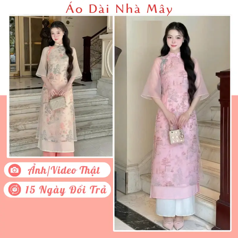 Áo Dài Cách Tân Nữ, Dáng Suông, Tơ Thêu Thủy Mạc, 4 Tà, Phối Nơ, Trẻ Trung, Duyên Dáng (MD36) - Áo Dài Nhà Mây