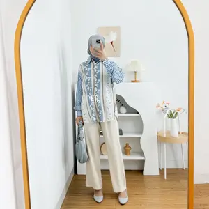 Kemeja Baju oversize wanita KAMILA || Rayon Premium Motif Kombinasi Salur LD 130 cm   Casual Garis Stripe Basic Kerah Kancing Atasan Panjang