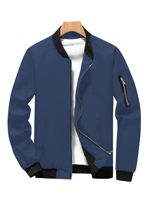 Men's Solid Zip Up Bomber Jacket, Regular Fit Casual Baseball Collar Long Sleeve Outerwear for Spring & Fall, Fashion Men's Clothes for Daily Wear, Coats 7