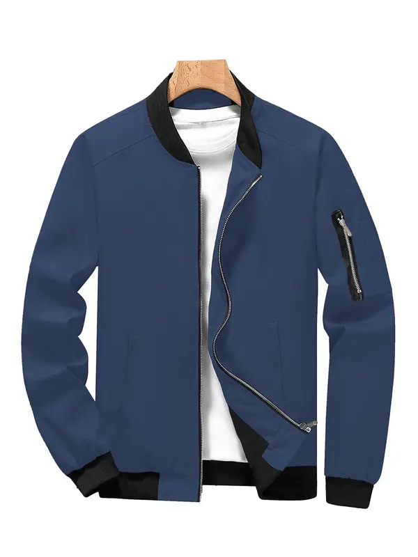 Men's Solid Zip Up Bomber Jacket, Regular Fit Casual Baseball Collar Long Sleeve Outerwear for Spring & Fall, Fashion Men's Clothes for Daily Wear, Coats 7