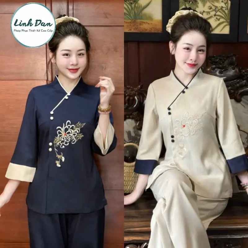 LINH ĐAN Bộ đồ lam đi chùa truyền thống dành cho nữ chất liệu đũi xước thêu sen cao cấp mẫu mới