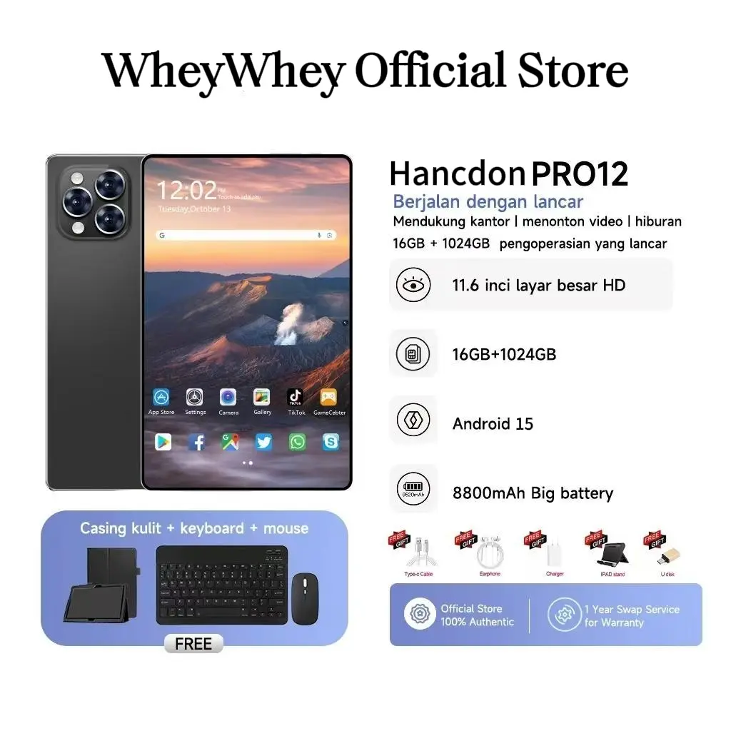 Hancdon Tab Pro12 Tablet PC Android 15 11.6inch 16GB+1TB Wifi 4G/5G Dual SIM Bluetooth 8800mAh Battery untuk Belajar & Gaming