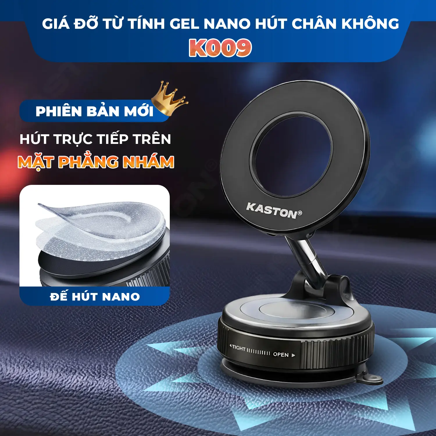 Giá đỡ điện thoại ô tô Kaston - K009 - Keo nano siêu bám - Từ tính hút chân không, xoay 360° gấp gọn đa năng