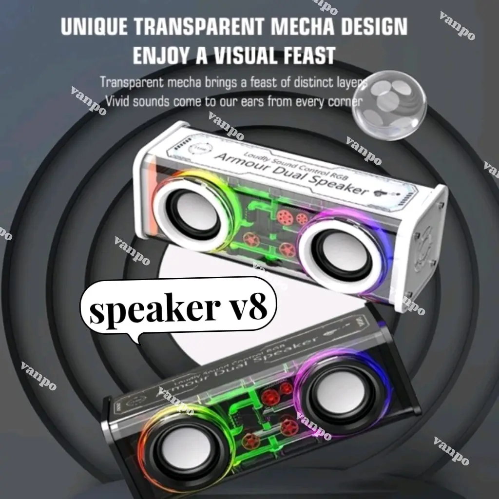 VANPO [V8] Cyberpunk Bluetooth smart Speaker Double Subwoofer Music Speaker RGB LED Light Transparent Mecha Speaker V8 Speaker Bluetooth Bas  Putih Transparan Plastik Wireless