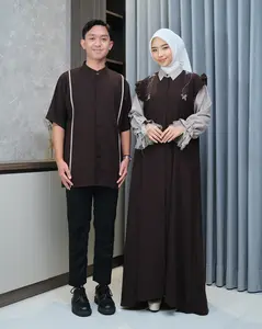 (Harga Satuan) Arista Couple Pasangan Baju Gamis Dress Wanita Muslim Bahan Kain Sabrina Anti UV Kombinasi Swarovsky Bunga & Kemeja Atasan Koko Pria