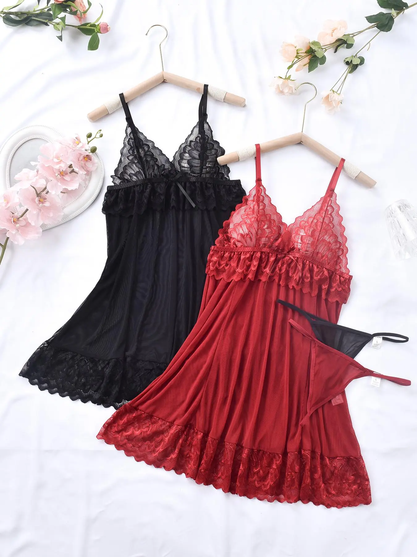 Women's Lace Trim Cami Nightdress & Panty Sexy Pajama Set, Comfy Nighty Dress & Panty Set, Women's Sleepwear for Summer
