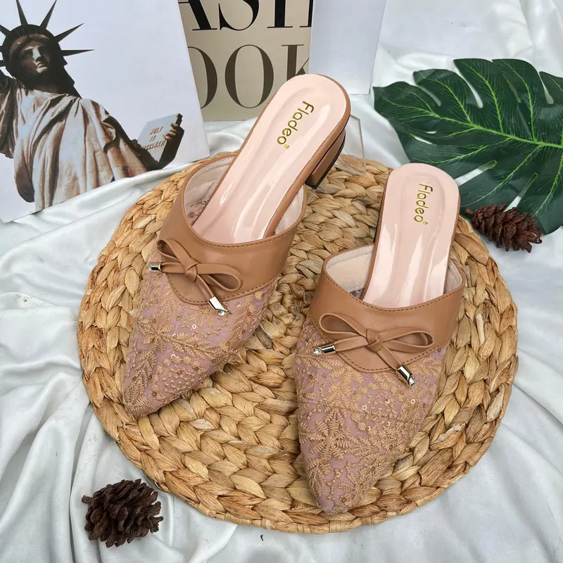 Fladeo Sendal Bustong Brukat Wanita Hak 3cm Elegan Hitam Krem Moka Salem Size 37-41 3