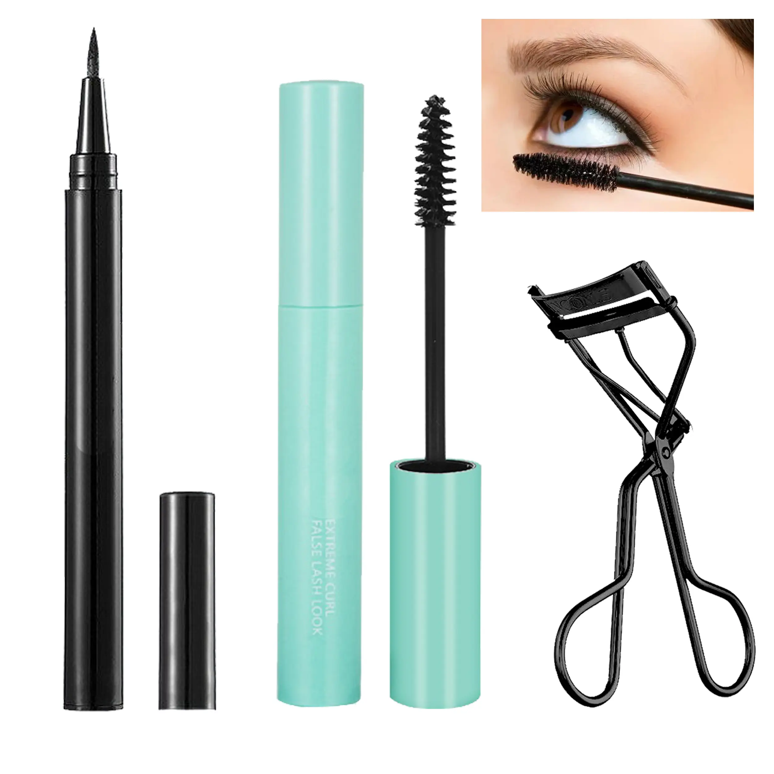 Paket Makeup 3in1 Maskara Hitam, Eyeliner, dan Pelentik Bulu Mata Waterproof - Eyelash, Mascara