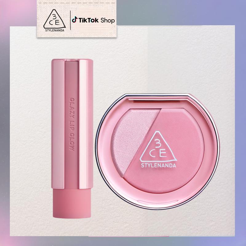 BỘ SẢN PHẨM Son bóng dưỡng môi 3CE Glazy Lip Glow và Phấn Má Hồng Bắt Sáng 3CE BLUSHLIGHTER
