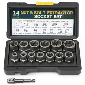 ALLEFIX Set Mata Socket 14 Pcs Ekstraktor Nut CR-MO Silver dengan Adaptor 1/4" to 3/8" Gigi Spiral Tahan Lama - 6956
