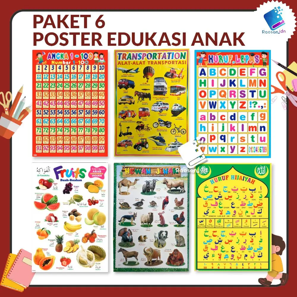Paket 6 Poster Edukasi Anak Lengkap angka 1-100, Huruf Lepas, Huruf Hijaiyah Kuning, Buah Fruits, Hewan Jinak, Transportasi