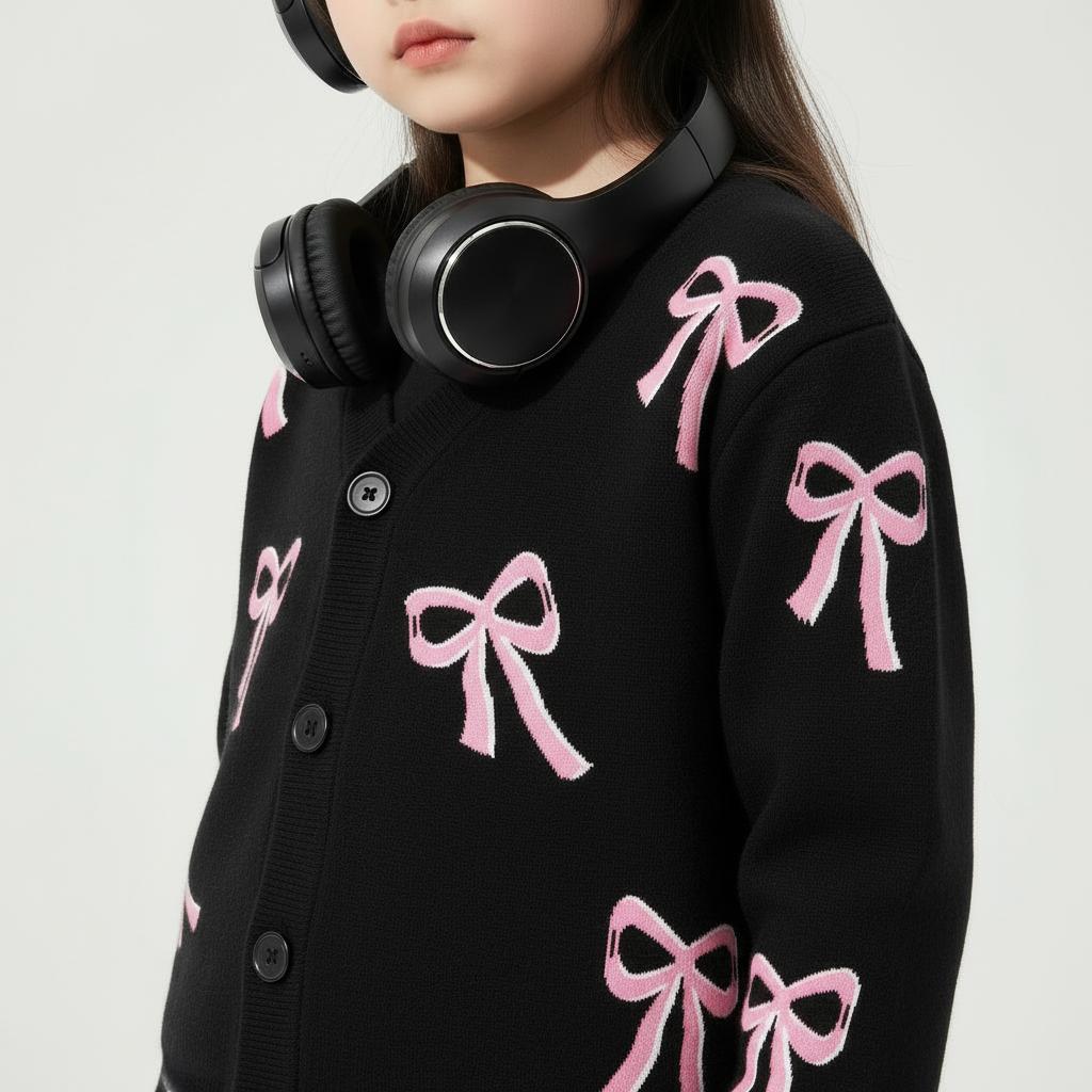 CAIFU Cardigan Pita Hitam Anak Perempuan Cardi Lengan Panjang Atasan Y2K Usia 3-12 Tahun Bahan Lembut Halus Nyaman Adem Variasi Warna Pastel Cantik Fashion