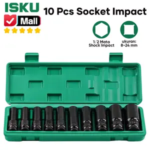 ISKU Mata Sok Impact Panjang 10 Pcs 1/2 Inch Deep Impact Socket Set 6PT Kunci Shock Hitam