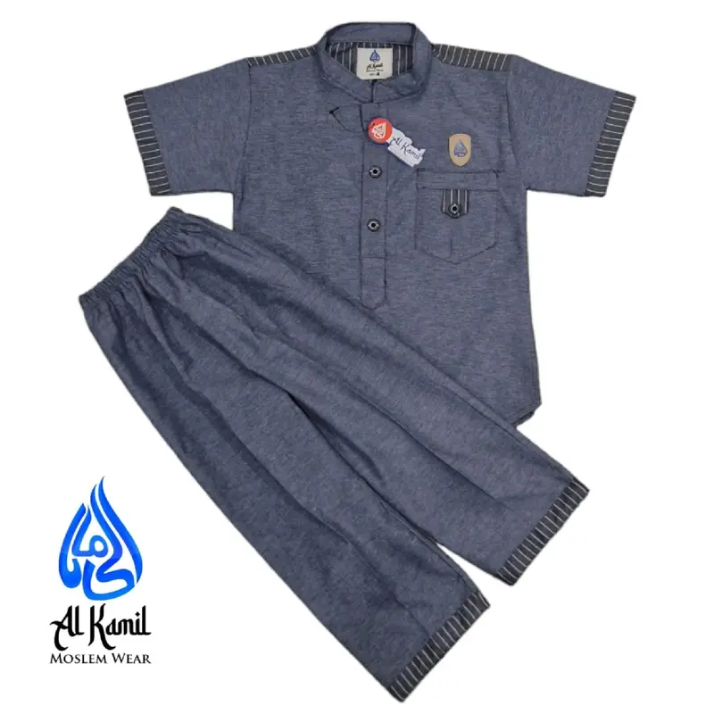 Setelan Kokokurta Anak Laki-Laki Bahan Katun Oxford dengan (Variasi Salur) Atasan Baju Muslim Lembut Celana Panjang Nyaman Kain Kombinasi Pendek 2