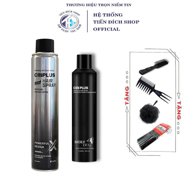 Gôm xịt tóc CINPLUS giữ nếp tạo kiểu nam nữ 300ml 420ml chính hãng SICILY CIN PLUS cao cấp cứng form + Tặng bộ lược belle 10 món lược chaoba lược texture bông tắm than tre