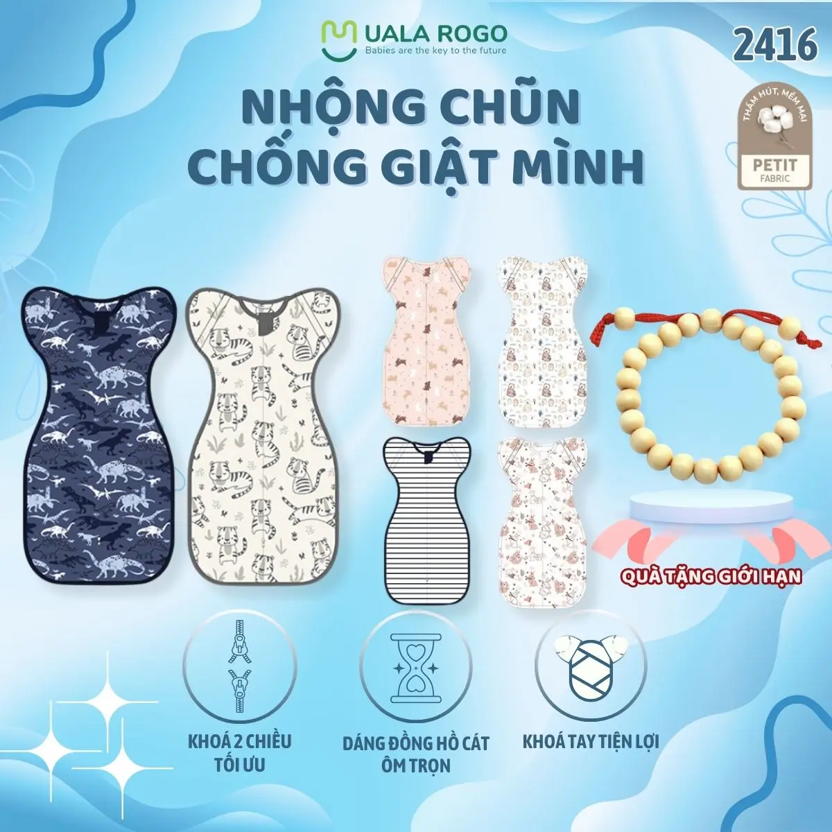 Nhộng chũn cho bé chống giật mình Ualarogo Easy 0-12 tháng khóa 2 chiều vải Petit mềm 4 chiều 2416