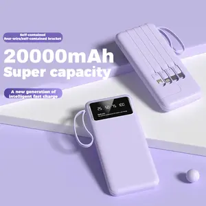 Powerbank 20000 mah Fast Charging Murah Mini LCD with Kabel Data Type C Micro USB Lightning Charger Ungu Led