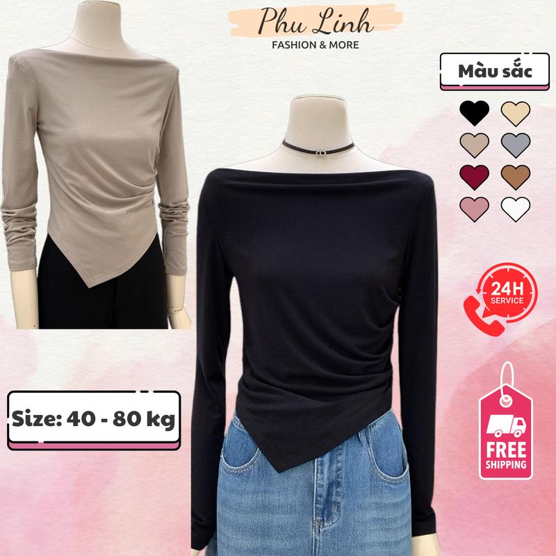Áo Thun Nữ Dài Tay Cổ Thuyền Vạt Chéo Rúm Eo Chất Liệu Cotton Borip Mềm Mịn Co Giãn PhulinhFashion Top Women MS168