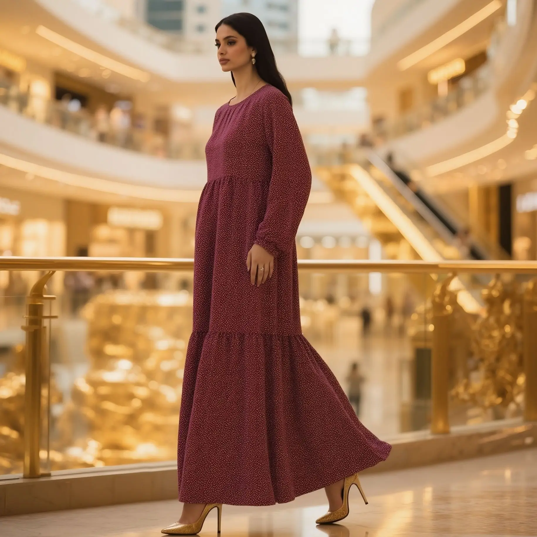 Gaun Skirt Berhias, Berkualiti Tinggi, Untuk Wanita Muslim, Hitam, Unta dan Merah, Pinggang Elegan, Lengan Panjang, Abaya Polka Dot