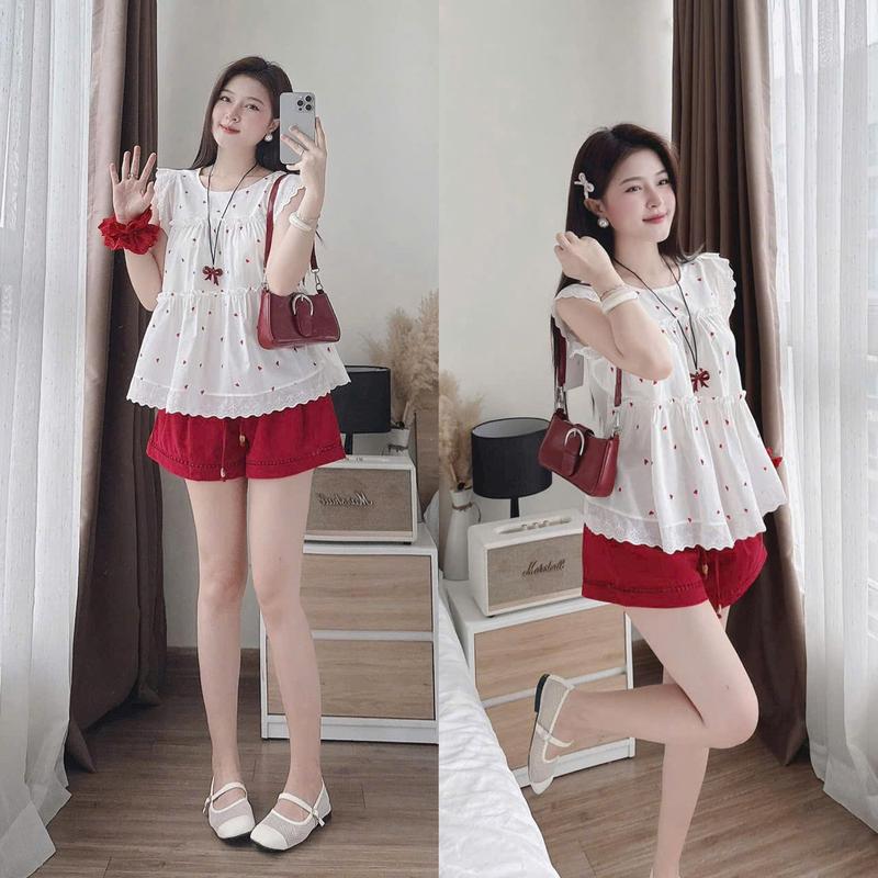 Set bộ nữ trái tim đỏ cánh tiên viền ren mix quần short đùi cặp chun mặc nhà đi chơi siêu xinh T105