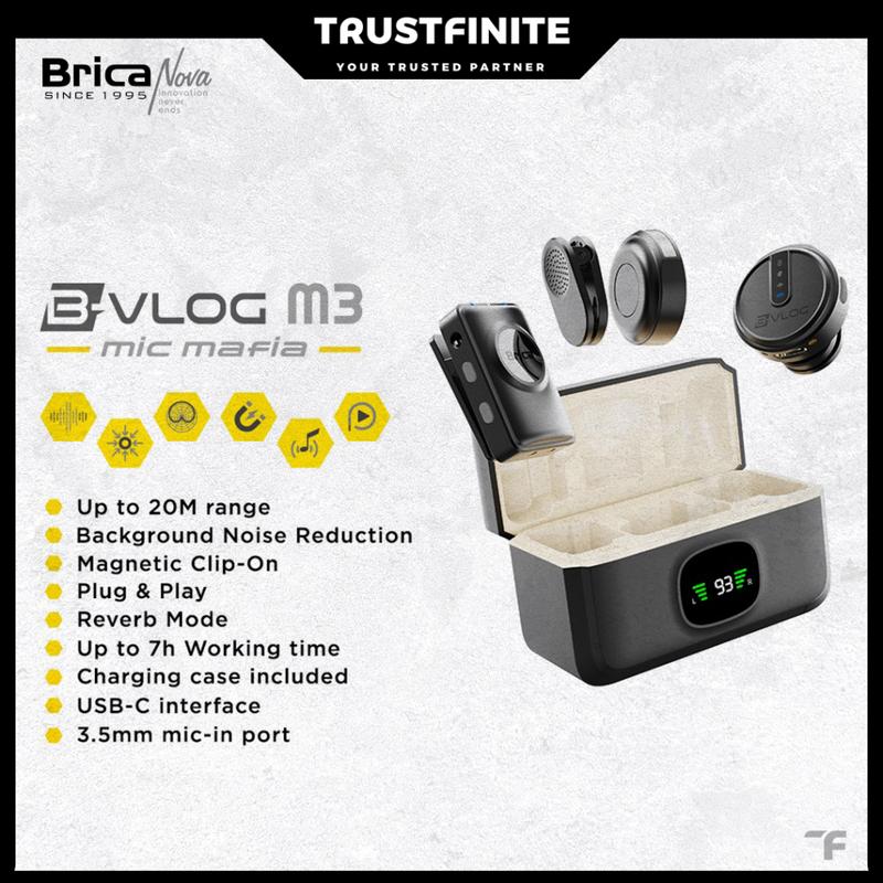 Brica B-VLOG M3 Dual Magnetic Clip Wireless Microphone - Clip On Mic Vlog - With Charging Case - BVL 1