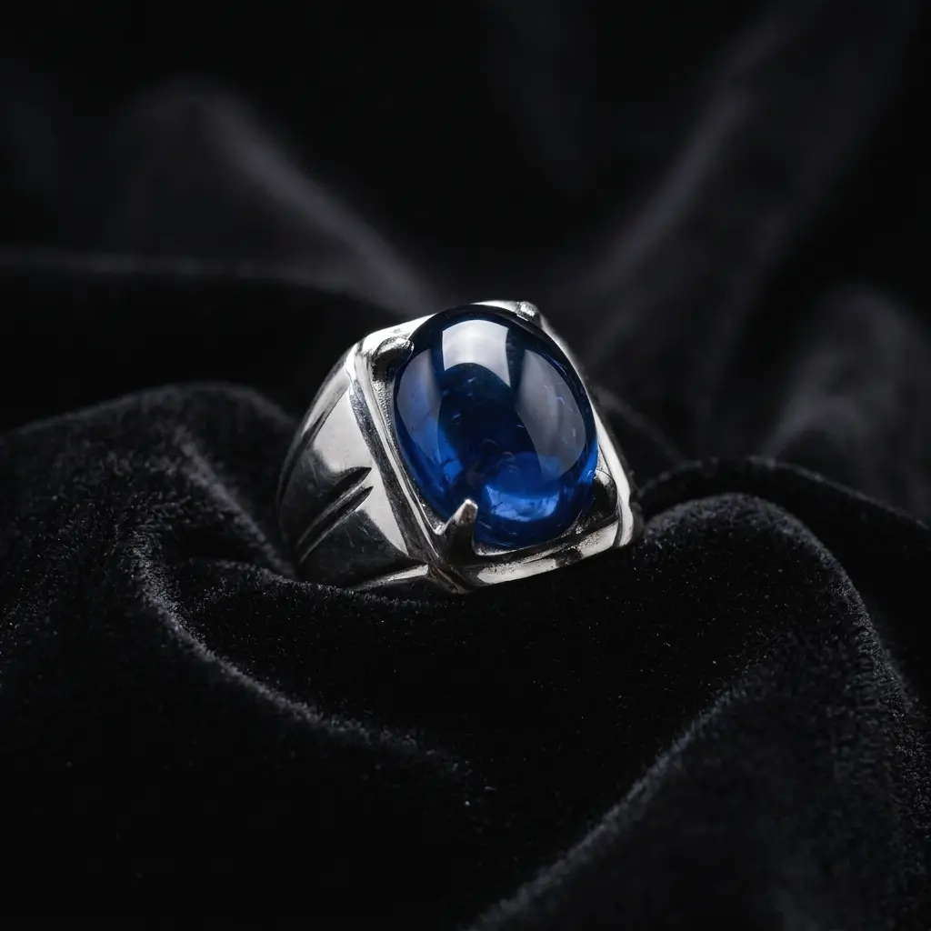 Cincin Stainless / Monel Batu Blue Sapphire Obsidian Glass Crystal Elegant