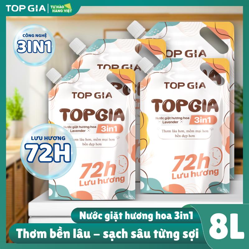 [MUA 1 TÚI TẶNG 3 TÚI] 8L nước giặt topgia hương nước hoa lavender 3in1 lưu hương 72h cho mẹ và bé, da nhạy cảm, sạch khuẩn, khử mùi, thơm lâu live nxl thơm bền lâu sạch sâu từng sợi