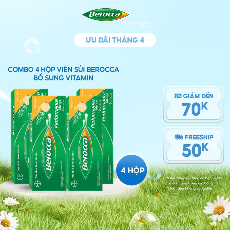 Bộ 4 Hộp viên sủi bổ sung Vitamin Berocca Performance Mango 10 Viên / Tuýp