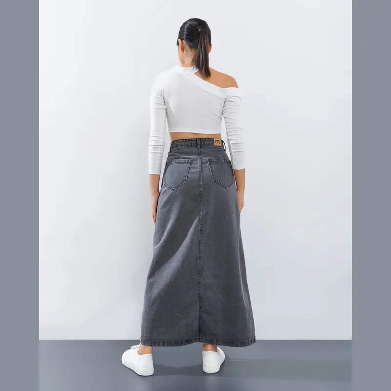 Onetta -  HARPER (Light Grey) - Rok Jeans  Maxi Panjang  Denim Wanita  Kerja High Waist A Line Hijab Friendly Motif Kancing 3
