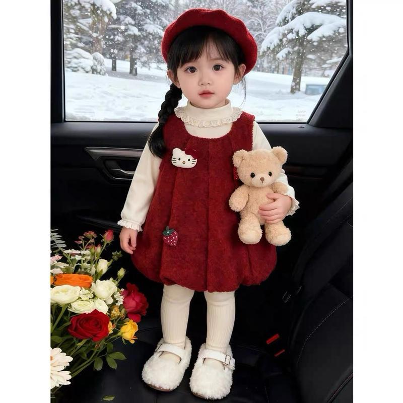   5-18kg  - 366 Set VAY LÔNG CỪU màu đỏ đô kèm áo THUN TĂM cổ bèo ren xinh xắn ấm áp cho bé gái mặc tết mặc noel  XMGY  