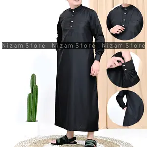 Toyobo Hitam Putih Gamis Pria Jubah Dewasa Premium Lengan Manset Kancing Snep Panjang Muslim Haji Umroh