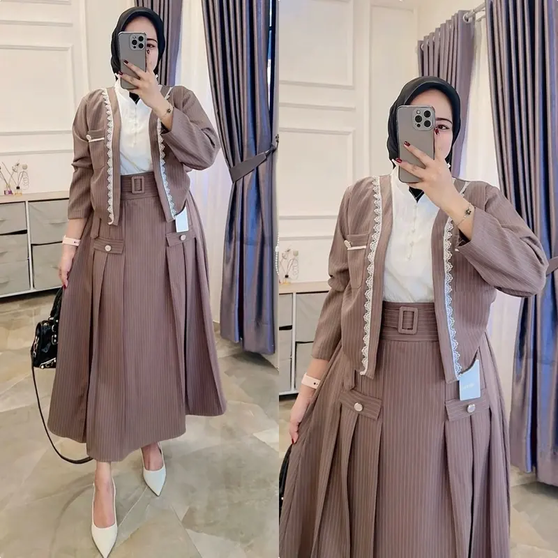 Setelan Ardila Salur one set 2in1 pakaian wanita setalan rok aline motif Linen Muslim Mewah Panjang Kondangan Cantik Casual Tebal Formal Remaja 2