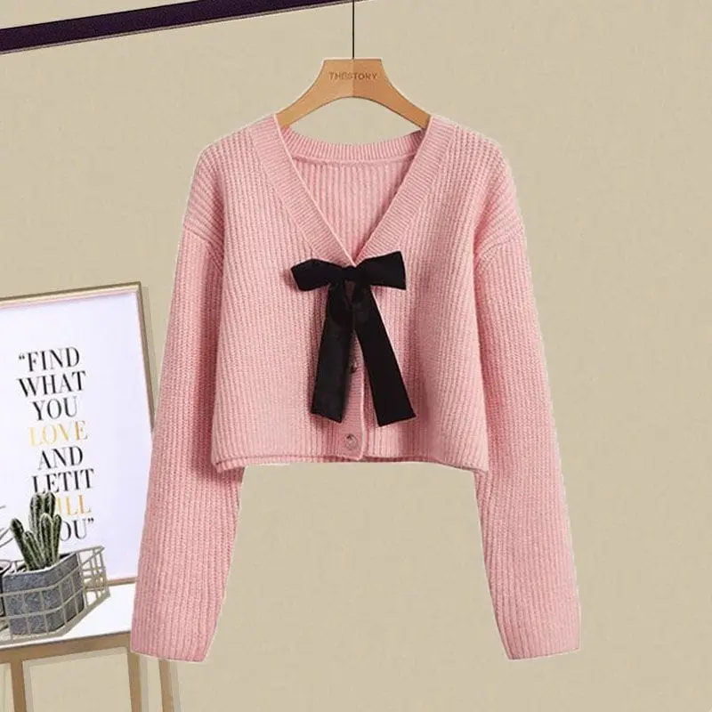 keyko Cardigan Dan Jaket Rajut Crop Lengan Panjang Model Pita Wanita - Knitwear Garis Motif Sweater Santai Kancing Nyaman Tangan Atasan Top