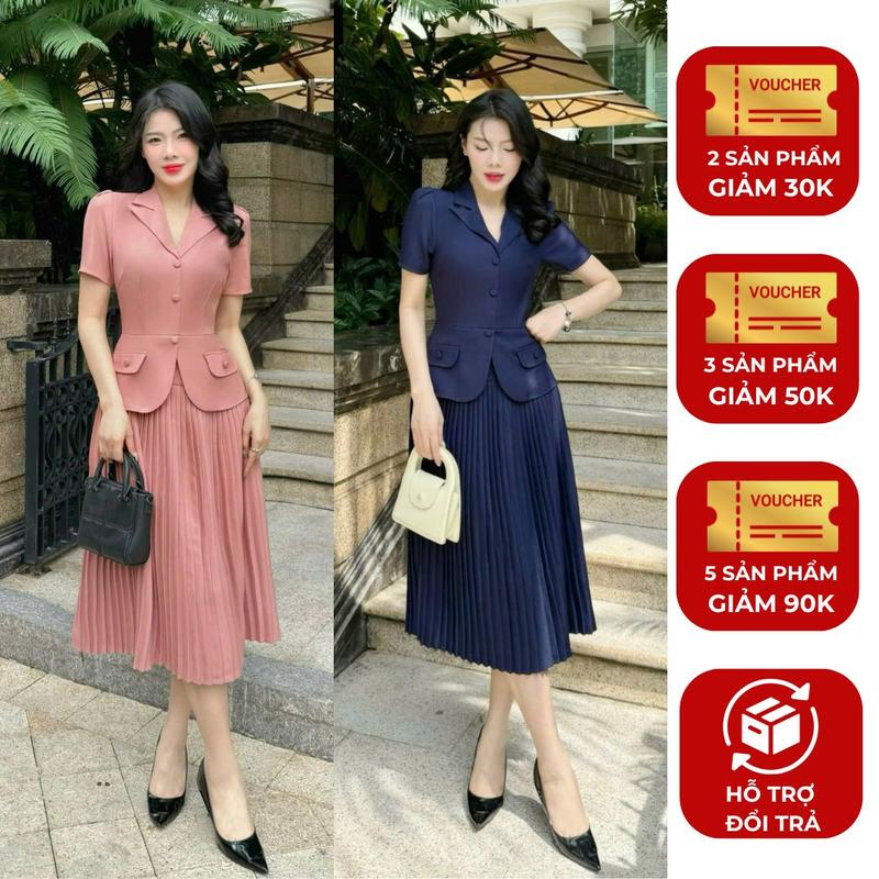 Đầm nữ thiết kế Nhật Vy cổ vest nút bọc phối dập ly chất lụa sọc gân có 3 màu phù hợp công sở dự tiệc thanh lịch sang trọng - D3035  Nâu Kem Women Nhung Dress