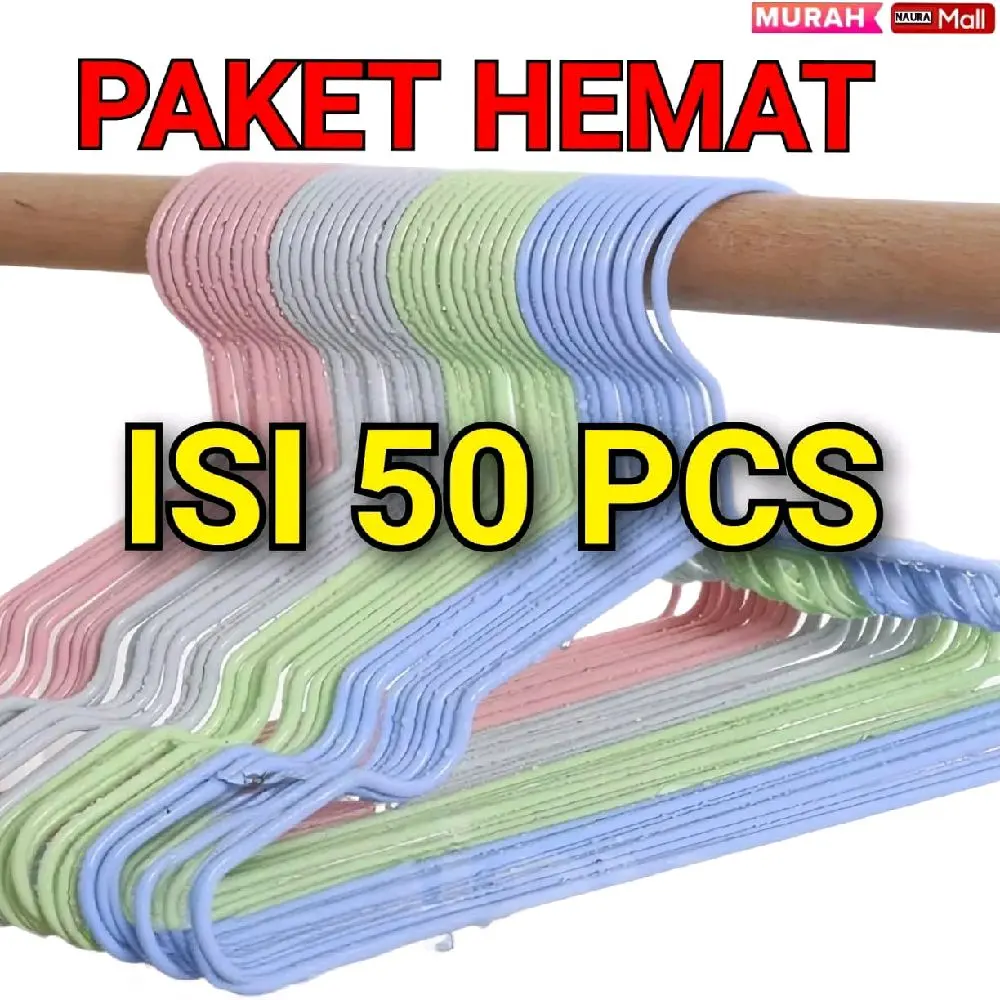 (ISI 50pcs) Gantungan Baju Tebal Anti Karat Murah Gratis Ongkir Hanger Stainless Warna Dilapisi PVC Promo Kuat Rapi Estetik Hemat Ruang kawat Besi