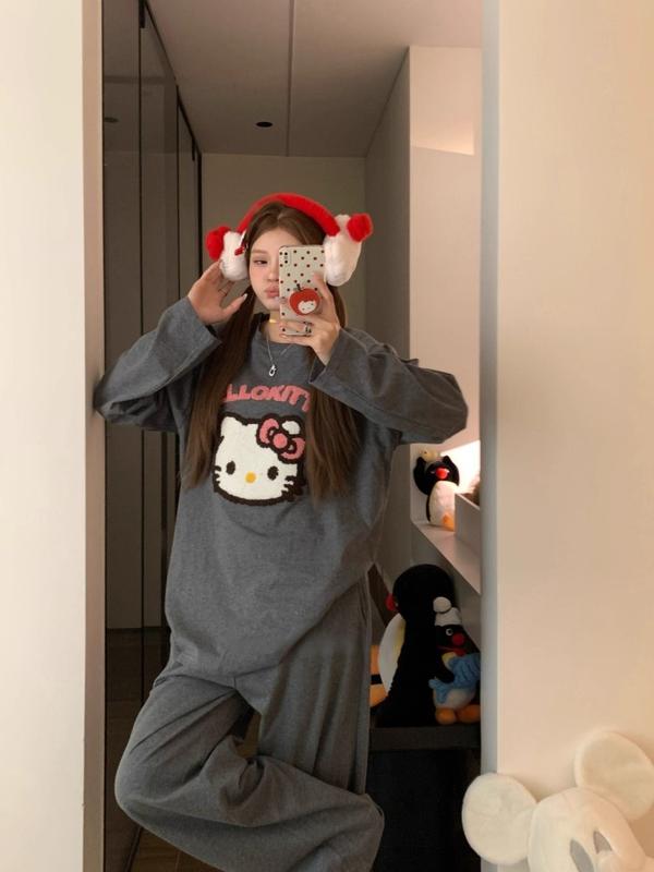 Bộ Đồ Ngủ Nỉ Hello Kitty Dài Tay Quần Dài Form Rộng Oversize Set Pijama Thêu Xù Dễ Thương Phong Cách Hàn Quốc Ulzzang