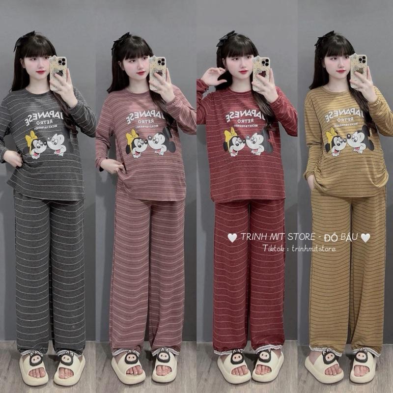 TRINH MIT Set Bộ Bầu Kẻ Sọc Len Lông Thỏ Mickyy Phối Japan - Bộ Bầu Dài Tay Thu Đông Có Chun Chỉnh Eo