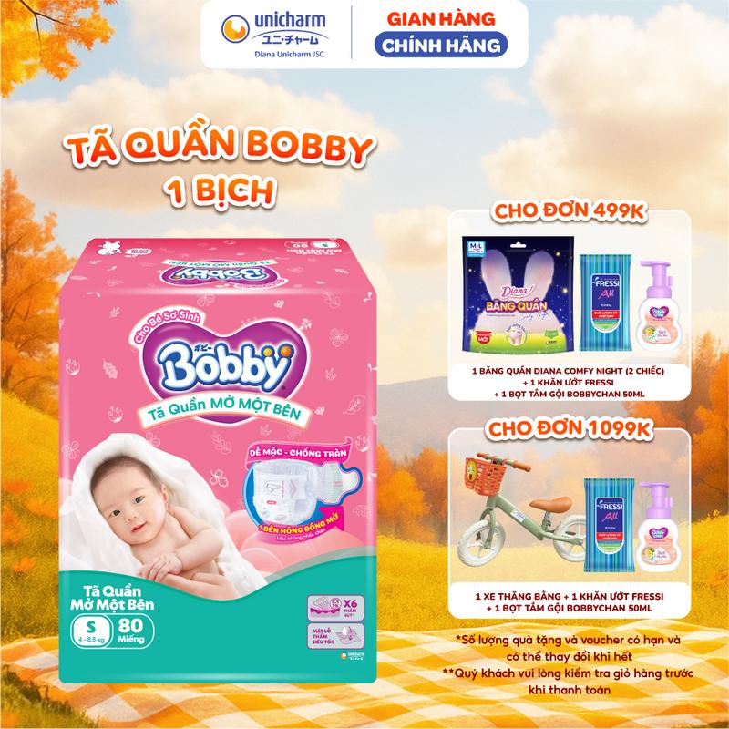  Tã bỉm quần Mở Một Bên Bobby - Tiện Lợi Dễ Mặc - Size NB 70+6 S 80 M 62 Miếng 