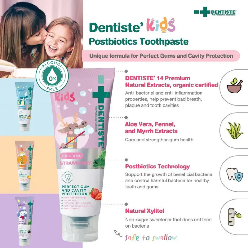 (1+ Years) DENTISTE Postbiotics Kids Toothpaste Strawberry 60gr / Pasta Gigi Anak Tanpa Fluoride 0