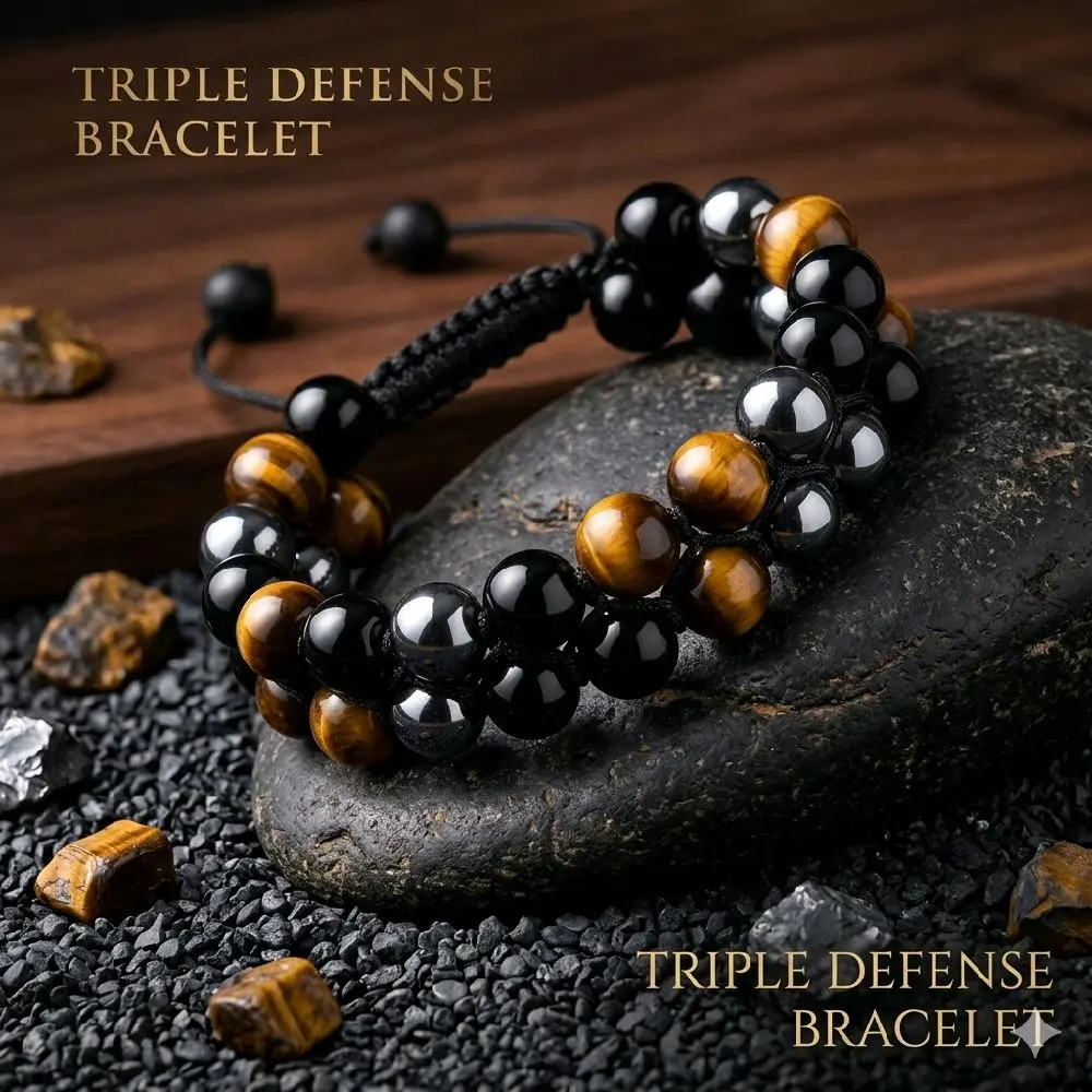 Gelang Batu Tiga Warna - Kombinasi Giok Hitam, Tiger Eye, dan Hematite, Model Double Adjustable: Penampilan Elegan dan Keseimbangan Energi untuk Aktifitas Sehari-hari - FahruLacc