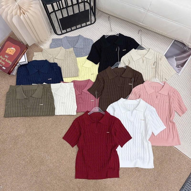 Áo Polo Vân Thừng Cộc Tay Cổ V Mới,Kèm Tag Cài,Chất Len Mềm Mại,Phom Vừa Hàng QC Nữ M71