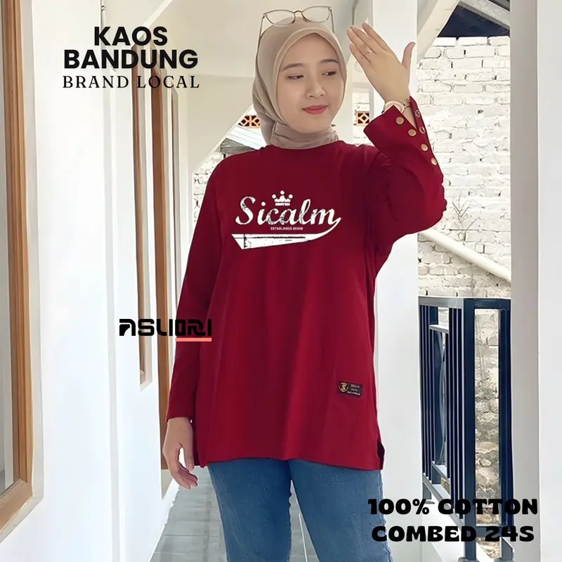baju atasan wanita longsleeve jumbo wanita tangan kancing baju atasan tshirt cewek lengan panjang motif sablon  variasi kancing premium Kaos Oversize Dewasa 2