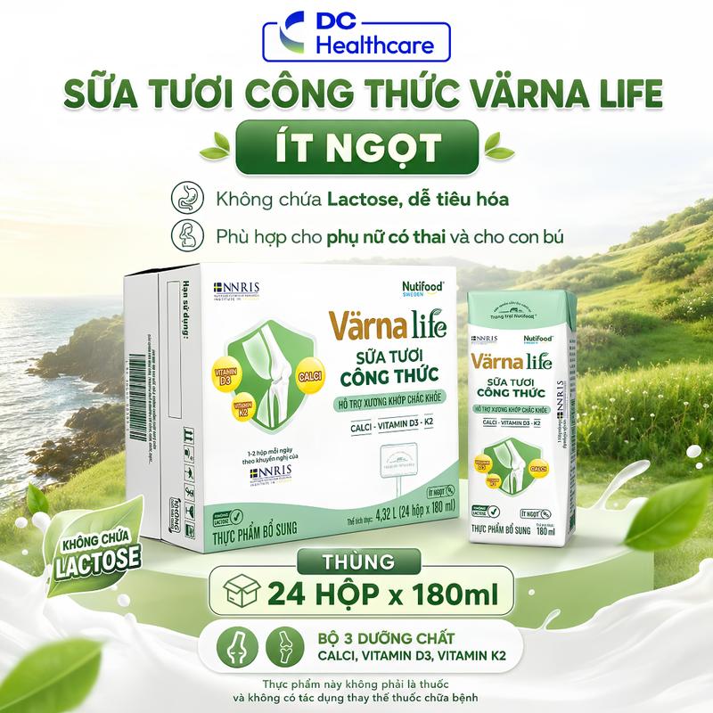 (SỮA XƯƠNG KHỚP) TPBS Thùng 24 hộp 180ml Nutifood Varna Life (Xanh) Sữa tươi công thức hỗ trợ xương khớp chắc khỏe Bổ sung thêm Canxi, D3, K2 ít ngọt (24 hộp x 180ml)