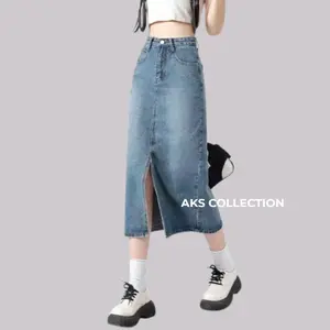 Highwaits Rok jeans span belah tengah 7/8 - Rok Jeans Wanita Korean Style Super Premium Rok Jeans Stretch Melar