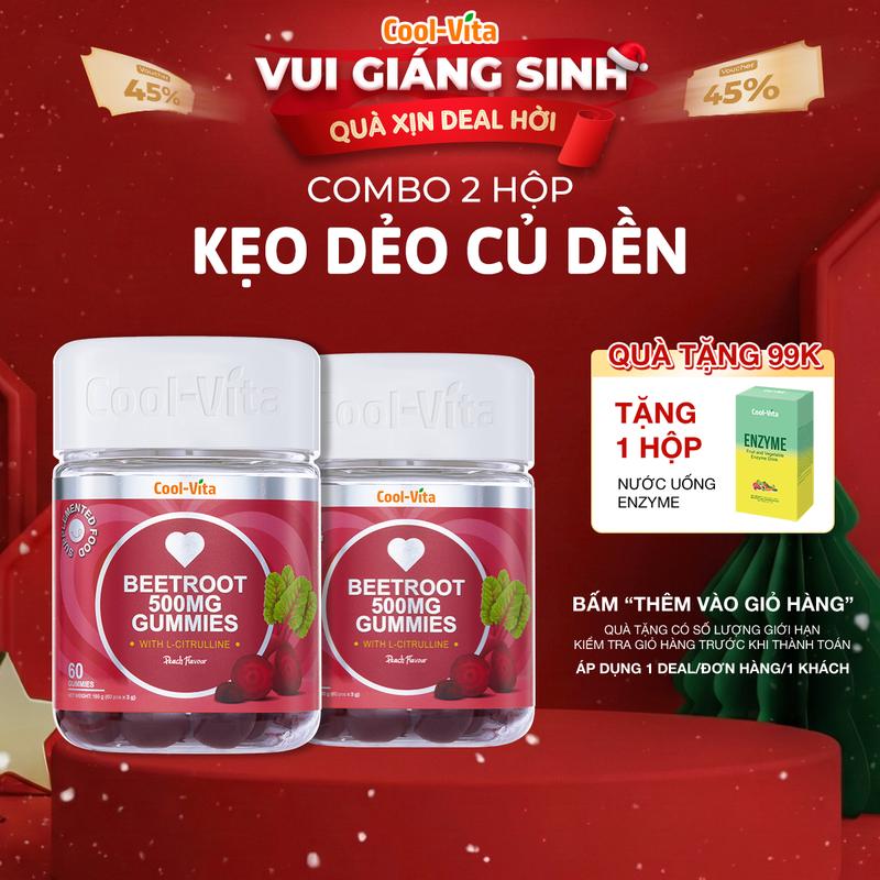   A  Combo 2 Hộp Kẹo Dẻo Củ Dền Thuần Chay Hỗ Trợ Bổ Sung Sắt Lưu Thông Máu &  Hỗ Trợ Bổ Sung Năng Lượng LCitrulline Vị Đào Coolvita  60 viên x 3g  hộp 