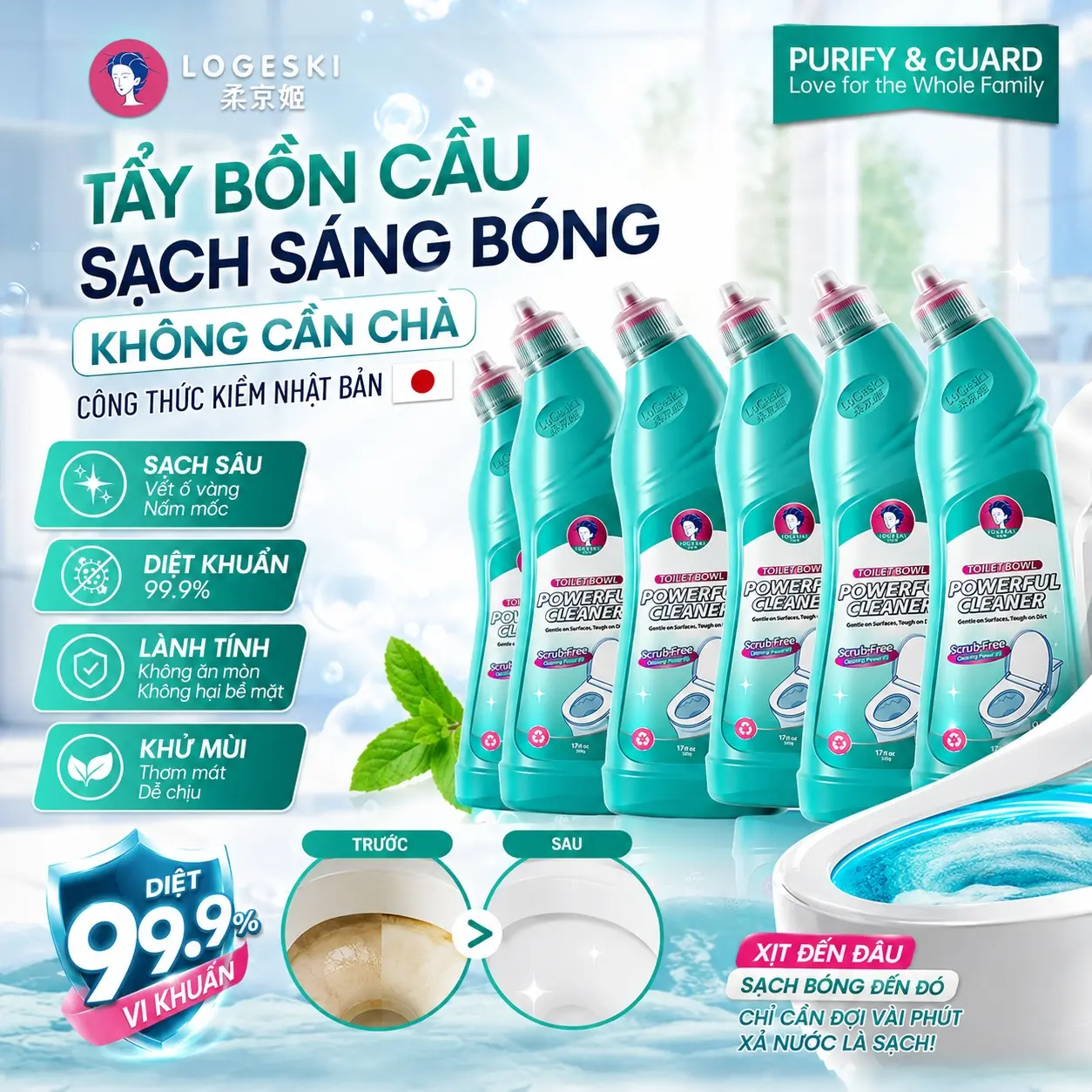 (KOL Live) Nước Tẩy Bồn Cầu Logeski, Công Thức Kiềm - Sạch Không Cần Chà , Khử Trùng Và Khử Mùi , Dùng Dể Làm Sạch Bồn Cầu- Gạch LÁT Và Kính 500g /Chai，dínhau vệ sinh nhà tắm