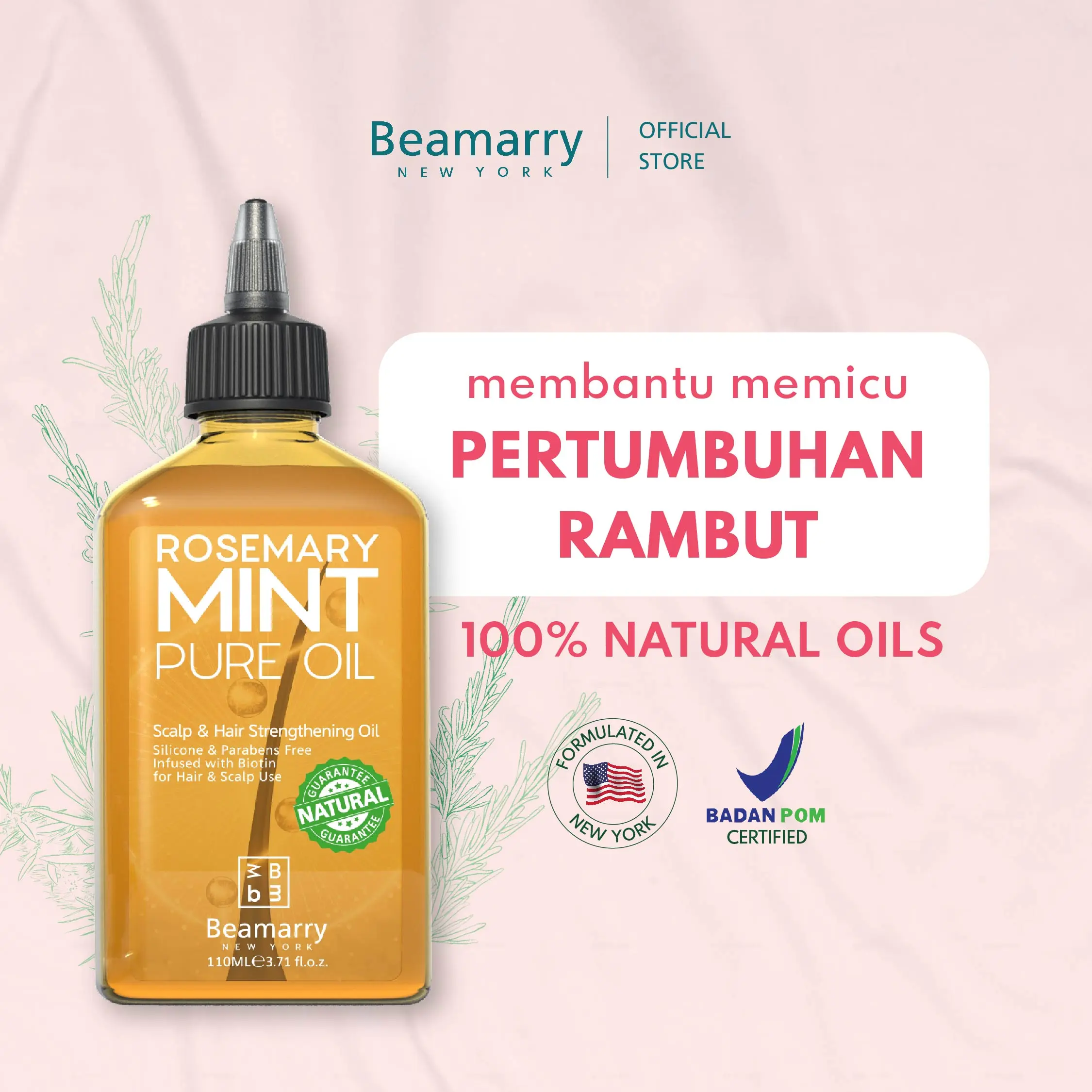 Beamarry New York | Rosemary Mint Pure Oil Beamarry New York 110 ml (Membantu Menumbuhkan Rambut, Memperkuat Akar Rambut)